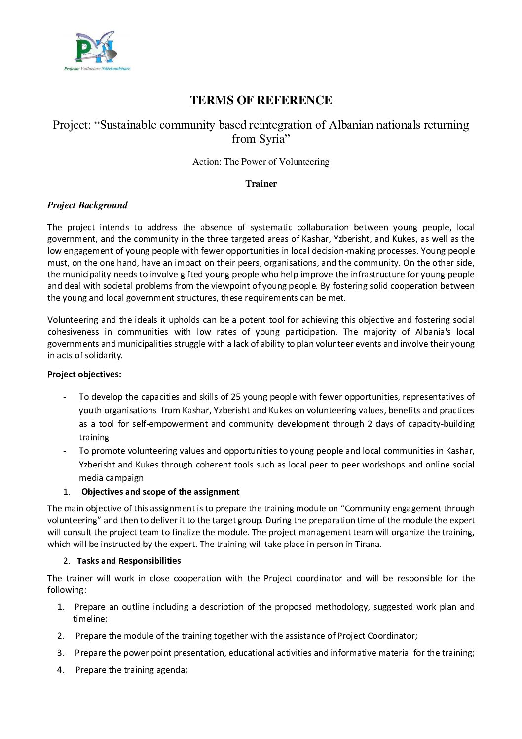 Cover: Terms of Reference — Trainer: The Power of Volunteering