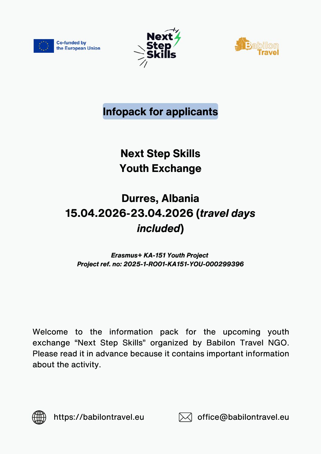 Cover: Infopack for Applicants — Next Step Skills, Durrës 2026